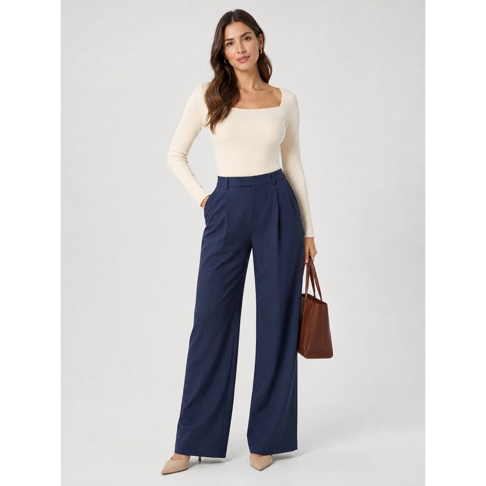 Halara Navy Blue High Waisted Wide Leg Pleated Trousers Workwear Size L Tall